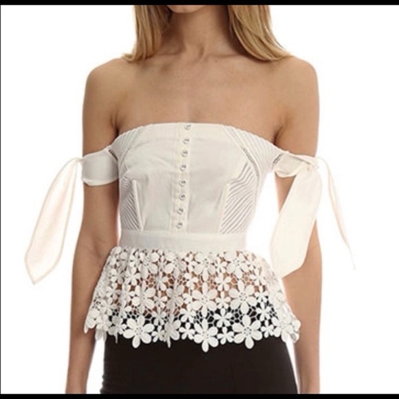 Self-Portrait Tops - Self-Portrait White Floral Lace Blouse crochet off shoulder top with bows size 2